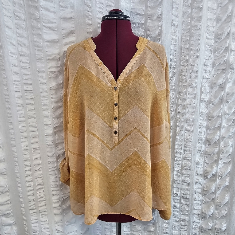 a.n.a Yellow Orange Cream Chevron Henley Tunic Top Blouse